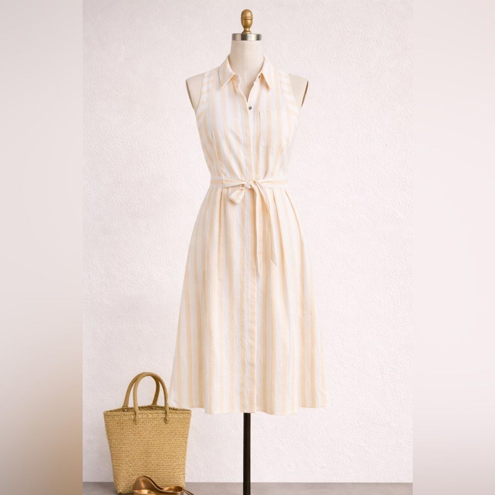 Anthropologie Linen Blend Shirt Dress Size 14 Peach Stripe Belted Midi Summer